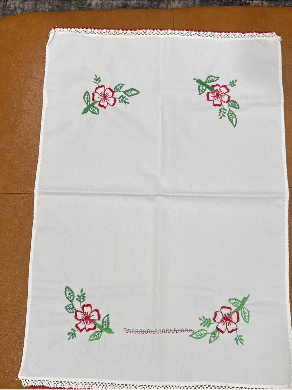 Vintage Hand Embroidered Table Topper Runner 32x22 Floral Lace Cottagecore